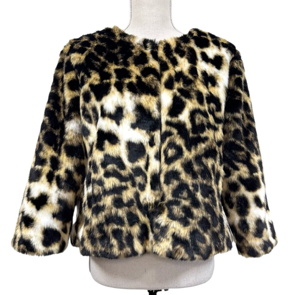 Chicos Animal Print Faux Fur Jacket Size 2 L Retro Maximalist Hollywood Glam